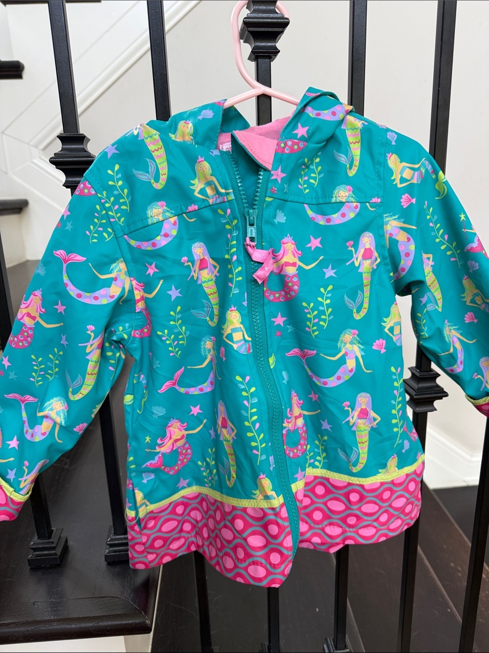 Kids Hooded Raincoat with Mermaid Print - Teal & Pink
